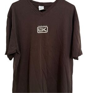 Calvin Klein Jeans Brown V Neck Logo Tee Size XL Y2K